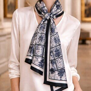Robin Ruth Delft Tile Print Satin Scarf Black Cream European Art Wrap